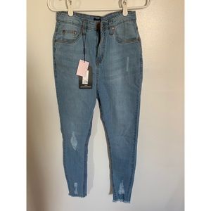 PLT shape high waisted distressed cuff jeans